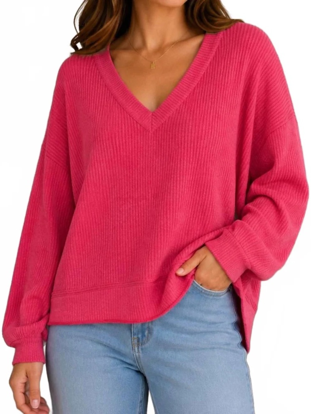 Simply Southern Ribbed V-Neck Sweater - Hot Pink